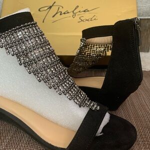 Thalia Sodi Black Crystal Fringe Heeled Sandals